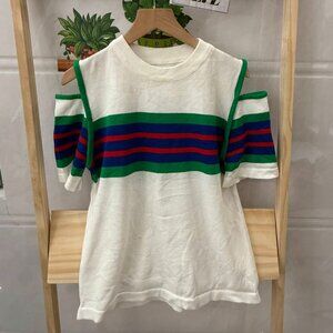 White Green Blue Red Stripe Cold Shoulder Knit Top
